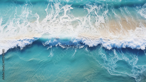 Beach waves clashing in turquoise sea foam, created with AI Generative Technology