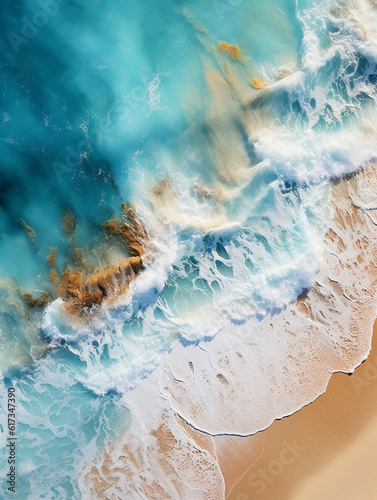 Beach waves clashing in turquoise sea foam, created with AI Generative Technology © Ruben Chase
