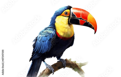 Bird photorealistic red billed toucan blue and yellow macaw