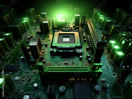 Microchips on a motherboard, created with AI Generative Technology
