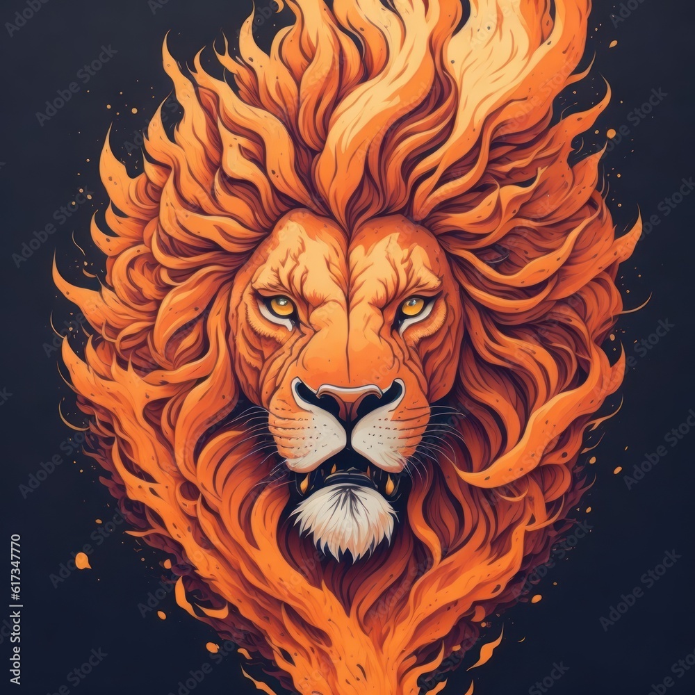 Obraz premium A fantasy watercolor painting of lion head with fire spinning against black background.Generative AI