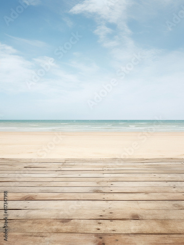 Beach themed empty table background, created with AI Generative Technology