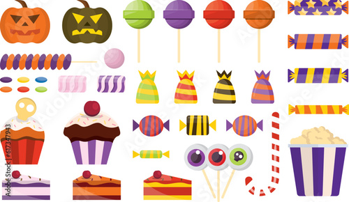 Halloween candies, set of isolated objects, sweets for children. pumpkin, lollipop, candy, cupcakes, sweets cartoon flat halloween items