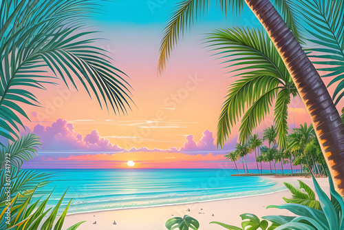 An illustration of beach lanscape with palm trees.  AI-generated fictional illustration  