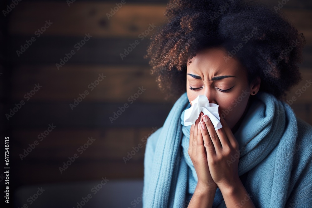 Young Black Woman with Tissue Blowing her Nose Managing Symptoms from Cold or Allergies - obrazy, fototapety, plakaty 