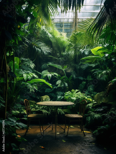 Jungle themed empty table background   created with AI Generative Technology