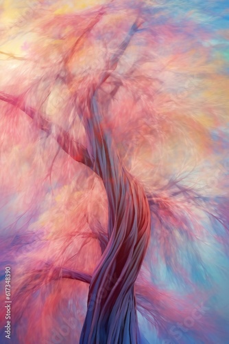 Willow tree in the wind  abstract impressionism  smooth wavy silk  intricate details vibrant pastel color gradient Generative AI 