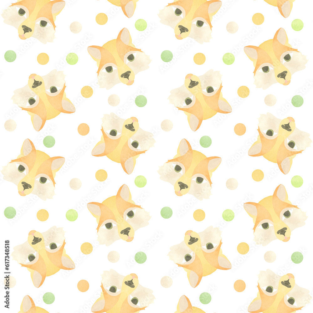 Seamless pattern with funny fox faces and colored circles. Watercolor illustration highlighted on a white background. A set OF ANIMAL FACES. Suitable for children's textile design, printing,stationery Seamless pattern with funny fox faces and colored circles. Watercolor illustration highlighted on a white background. A set OF ANIMAL FACES. Suitable for children's textile design, printing,stationery