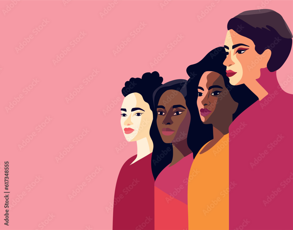 Vector graphics flat card banner poster place for text for International Women's Day strong women of different cultures and nationalities stand side by side together. Vector concept Vector graphics flat card banner poster place for text for International Women's Day strong women of different cultures and nationalities stand side by side together. Vector concept