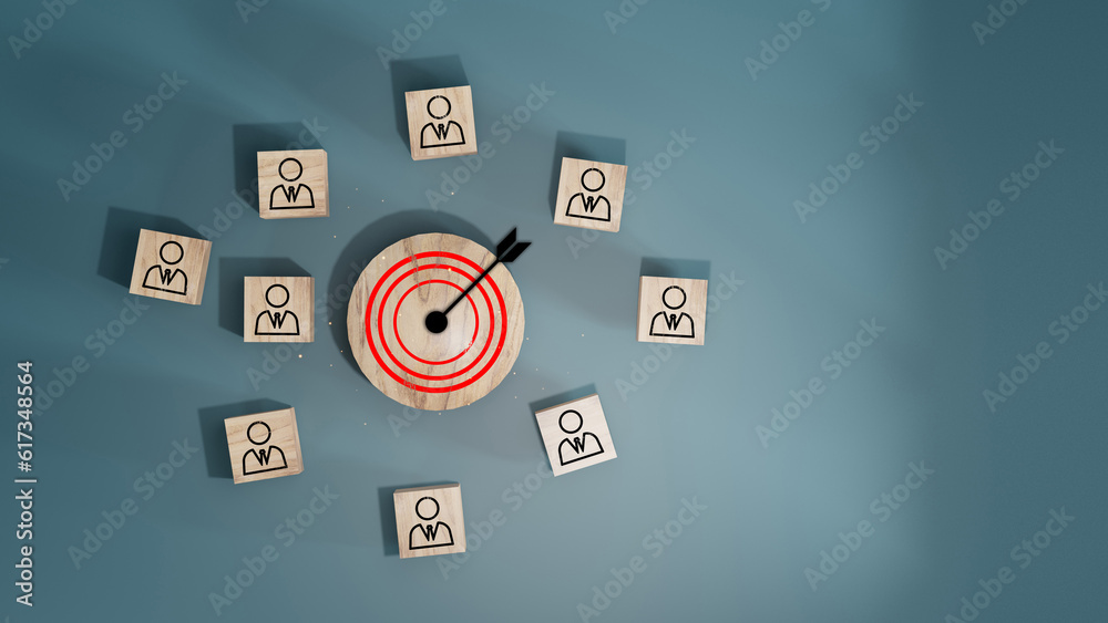 Red dartboard and black arrow connection linkage with human icon for customer focus target group and customer relation management concept. Red dartboard and black arrow connection linkage with human icon for customer focus target group and customer relation management concept.