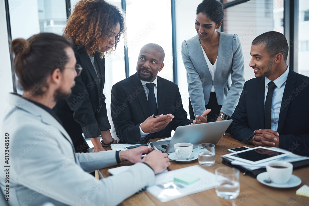 Computer, finance meeting and business people in discussion for financial review, planning and collaboration. Corporate office, teamwork and men and women working on report, project and proposal