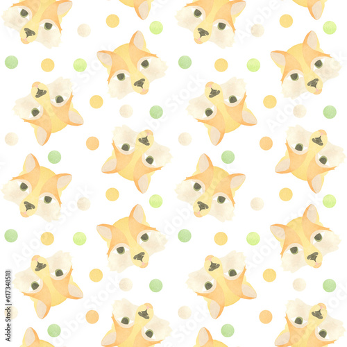Seamless pattern with funny fox faces and colored circles. Watercolor illustration highlighted on a white background. A set OF ANIMAL FACES. Suitable for children s textile design  printing stationery