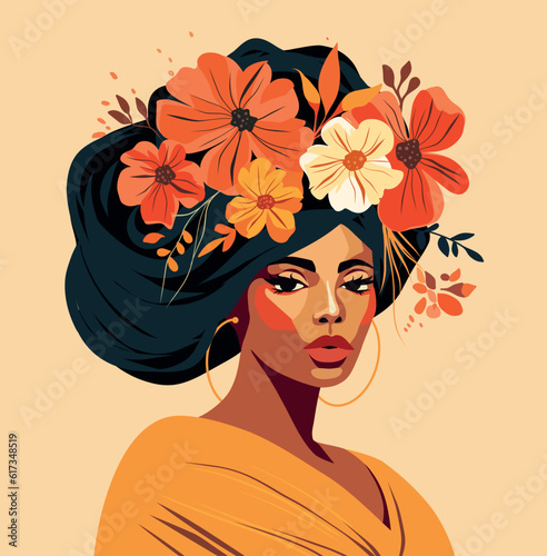 Portrait of a very beautiful woman beautiful african girl. Flowers in your hair. Hairstyle. Postcard poster banner women's day. Vector flat bright illustration on a gentle pastel background