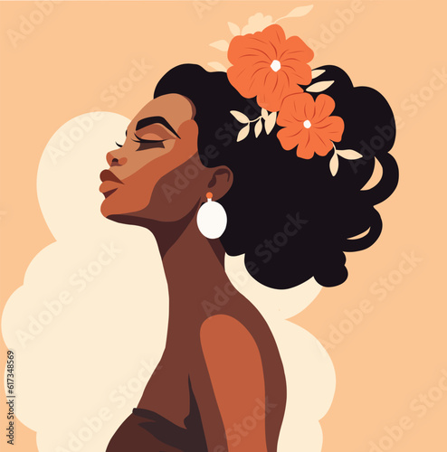 Black African girl woman portrait. Side pose. Flowers in your hair. Hairstyle. Postcard poster banner women's day. Vector flat bright illustration on a gentle pastel background