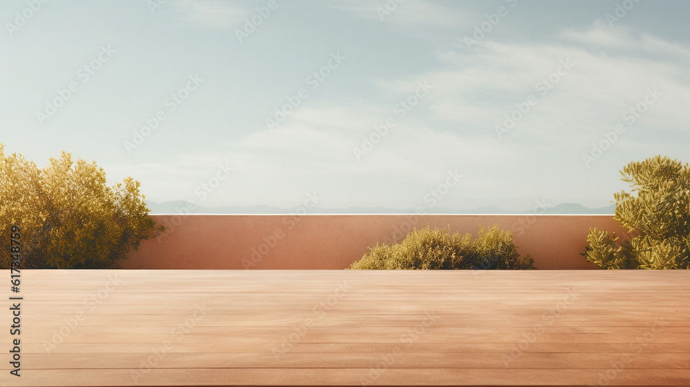 Summer themed empty table background, created with AI Generative Technology Summer themed empty table background, created with AI Generative Technology