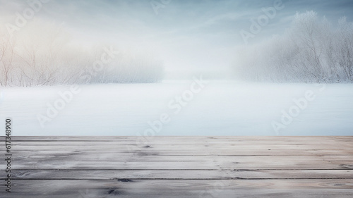 Winter themed empty table background  created with AI Generative Technology
