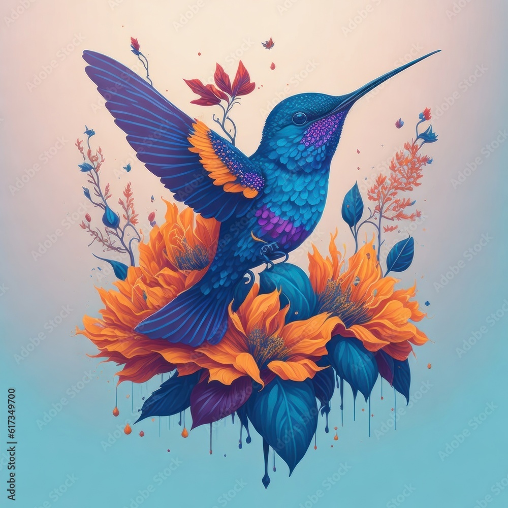 Obraz premium A fantasy watercolor painting of hummingbird with flower spinning against grey background.Generative AI