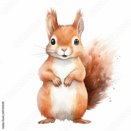 Superniedliche Wasserfarben-Illustration eines roten Eichhörnchens, Clipart auf weißem Hintergrund, Generative AI © KüstenPixel