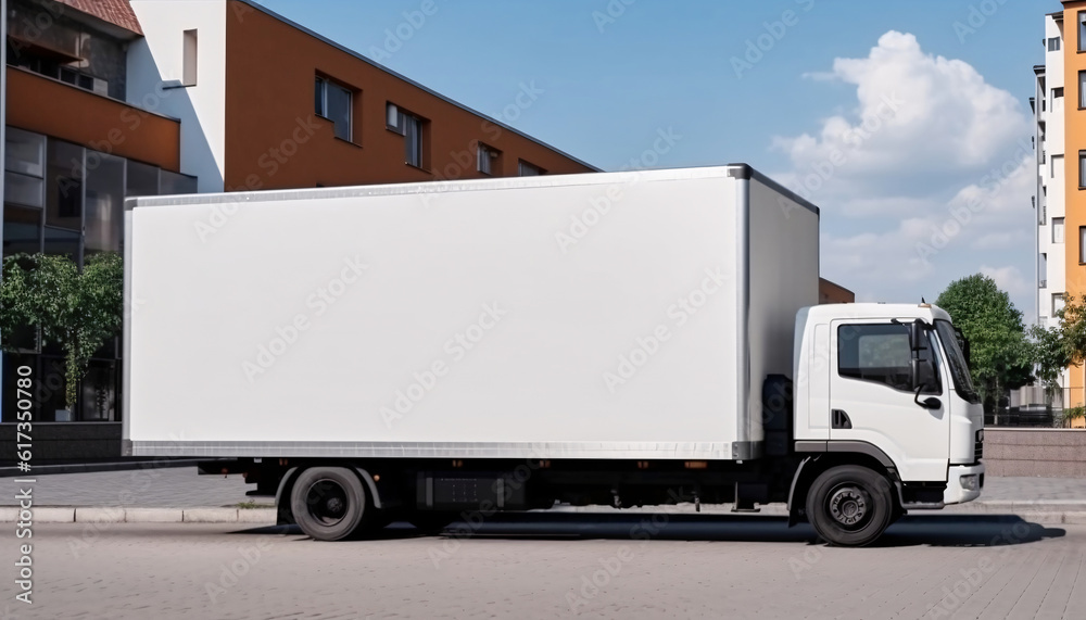 Cargo truck with blank side mock up on city streets, AI generated Cargo truck with blank side mock up on city streets, AI generated