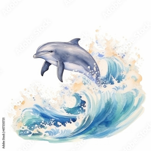 Bezaubernde Watercolor-Zeichnung eines Delphins, der auf einer Welle reitet, Generative AI photo