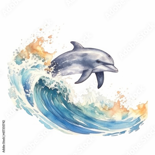 Bezaubernde Watercolor-Zeichnung eines Delphins  der auf einer Welle reitet  Generative AI