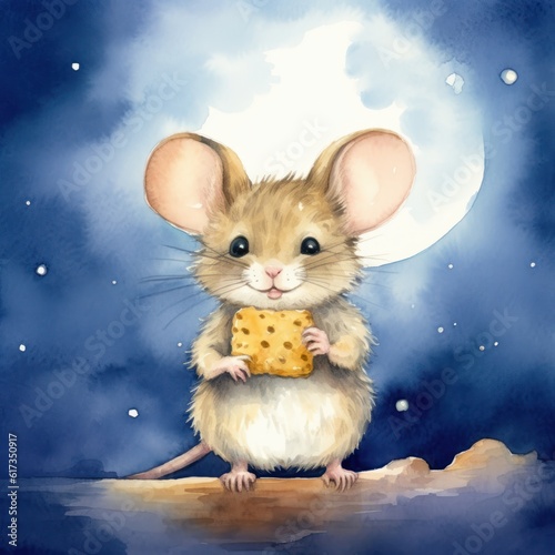 Zauberhafte Watercolor-Zeichnung einer Maus mit Käse unter dem Nachthimmel, Generative AI © KüstenPixel