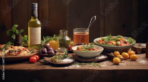 Banquet Set of Delicious Mediterranean Food with Drinks for Celebration. Generative AI.