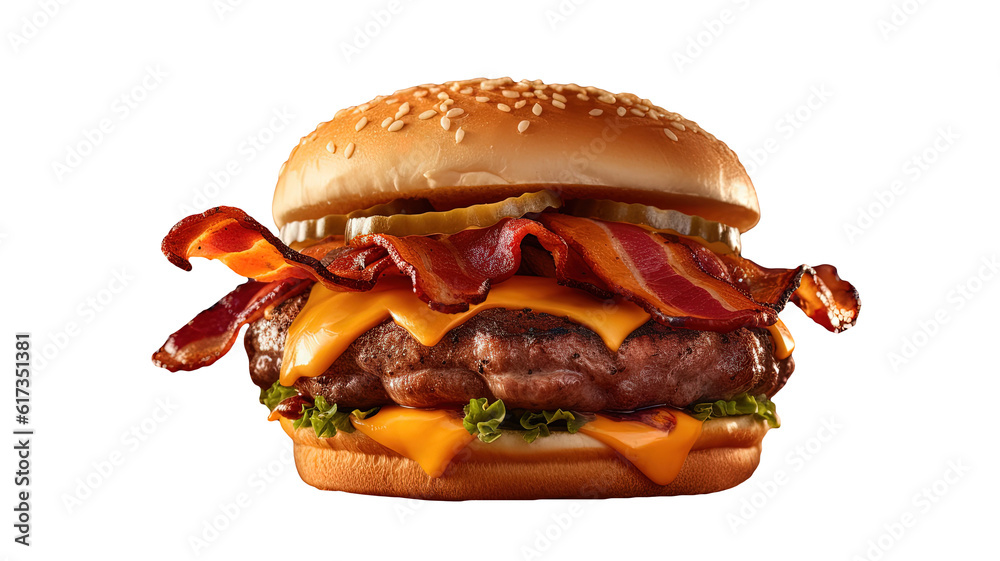 Obraz premium a large, juicy bacon cheeseburger with another slice of cheese on top, placing it on a bun. The detailed view makes the burger look tempting and appetizing.