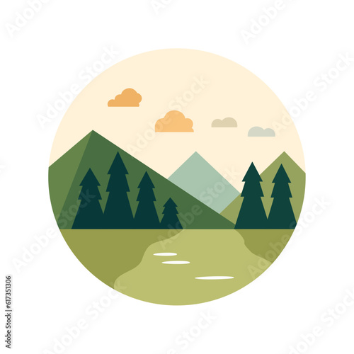 landscape with mountains and trees greenery nature in circular design with white background using vector illustration art 