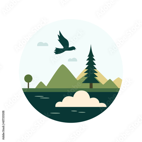 circular design mountains vector landscape with cloudy weather on white background using vector illustration art