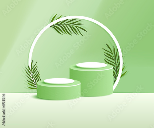 3d product podium and pedestal in green color with palm leaves. 3d rendering vector background view with podium. To display 3d cosmetic products. © fajarcome