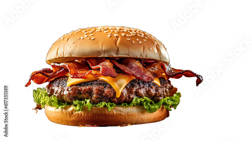 an appetizing bacon cheeseburger, including a beef patty, bacon, cheese, lettuce, and tomato on a bun. 
