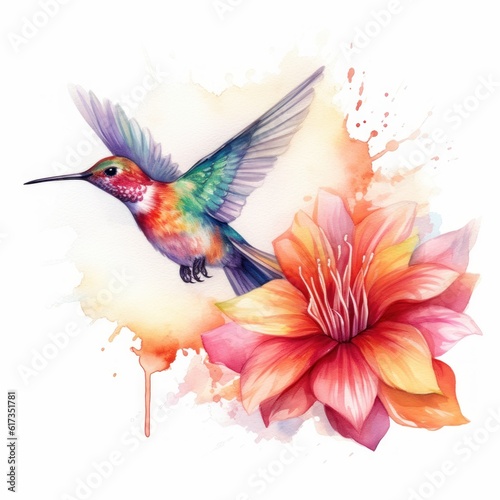 Lebendige Wasserfarben-Illustration eines Kolibris an einer farbenfrohen Blüte, Generative AI © KüstenPixel