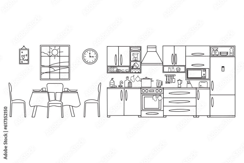 Kitchen with furniture. Modern cozy kitchen interior. Vector illustration