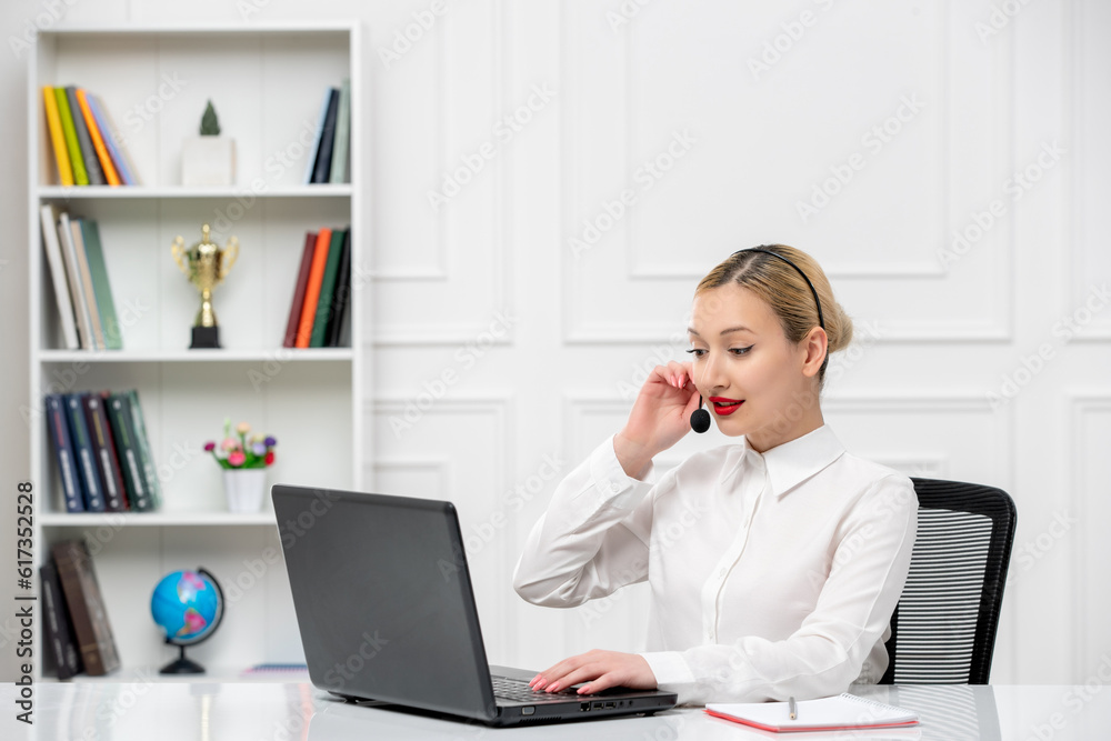 customer service cute blonde girl office shirt with headset and computer talking and working customer service cute blonde girl office shirt with headset and computer talking and working