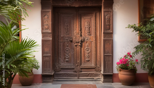 Entrance rustic wooden door with wood carvings on the facade of a cozy country house or cottage. AI generated