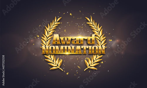Award nomination with golden laurel wreath and confetti. Vector illustration.