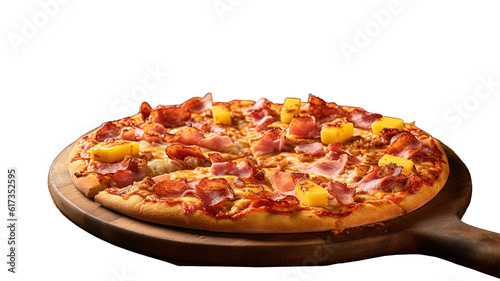 a delicious homemade Hawaiian pizza, featuring ham and pineapple toppings, sitting on top of a wooden cutting board.  photo