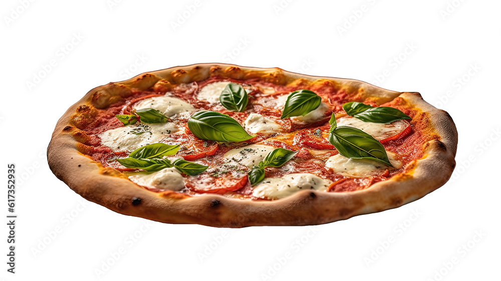 a delicious, freshly baked Margherita pizza with tomato sauce, cheese, and basil as its toppings. 