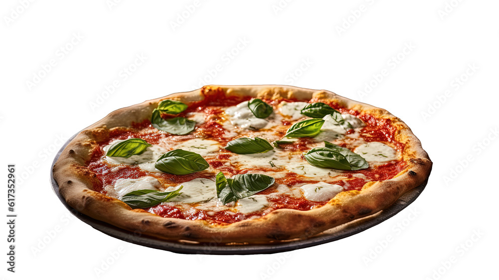 a large, freshly baked margherita pizza with white sauce, basil leaves, and a touch of greenery on top, sitting on a metal tray. 