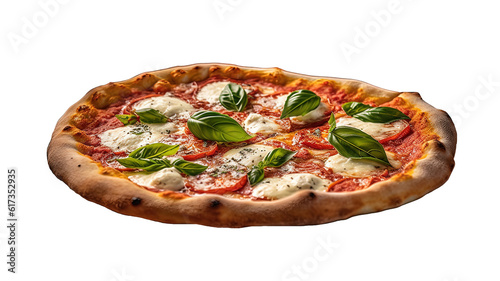 a delicious, freshly baked Margherita pizza with tomato sauce, cheese, and basil as its toppings. 