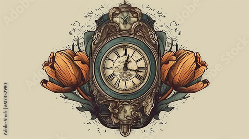  floral, vintage background, flover, products, enginer, generative, ai, steampunk, clockwork, brooch, toulip  photo