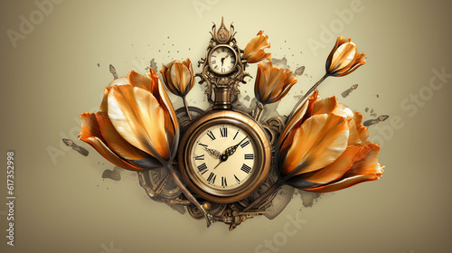  floral, vintage background, flover, products, enginer, generative, ai, steampunk, clockwork, brooch, toulip  photo