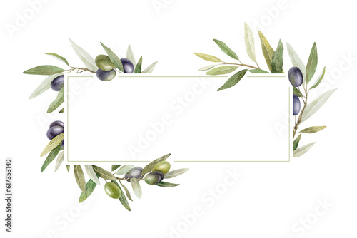 Olive branches, leaves and fruits. Frame of branches olive tree. Watercolor hand drawn illustration. For menu, packaging design, wedding invitation, save the date or greeting card.