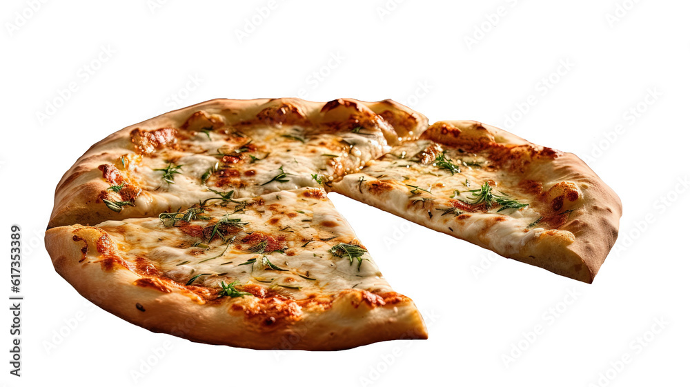 a delicious, cheesy pizza with a golden crust, cut into eight slices and ready to be eaten. 