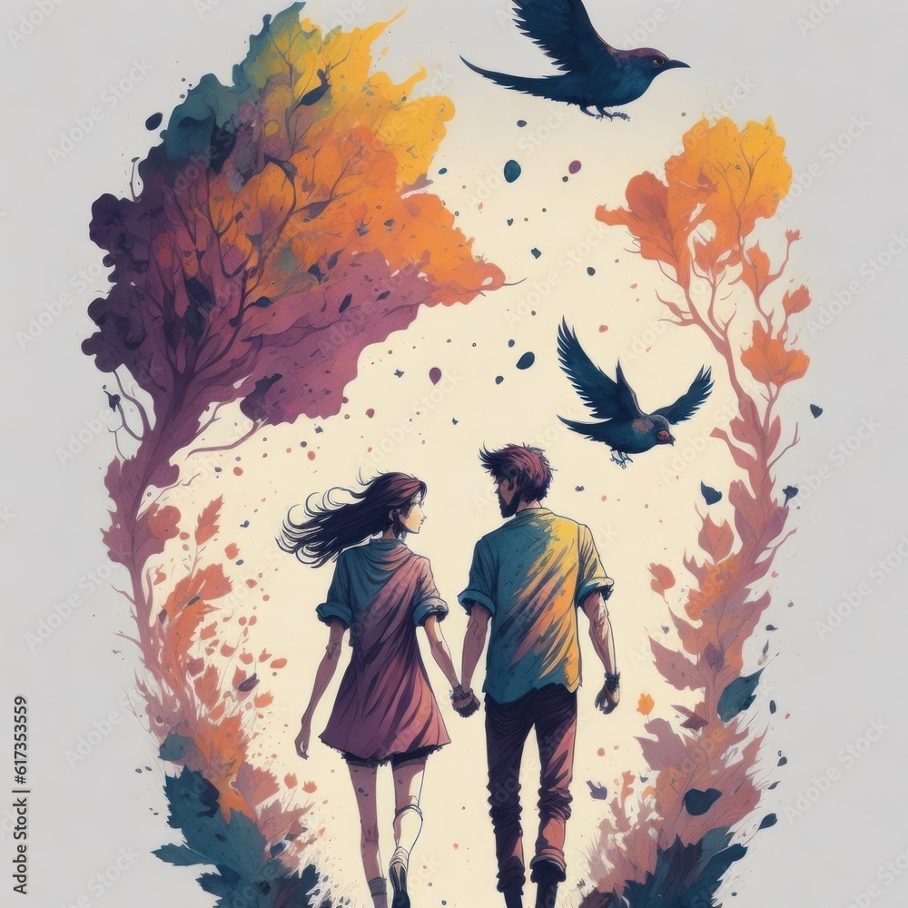 A fantasy watercolor painting of couple walking hand in hand with flower spinning background.Generative AI A fantasy watercolor painting of couple walking hand in hand with flower spinning background.Generative AI