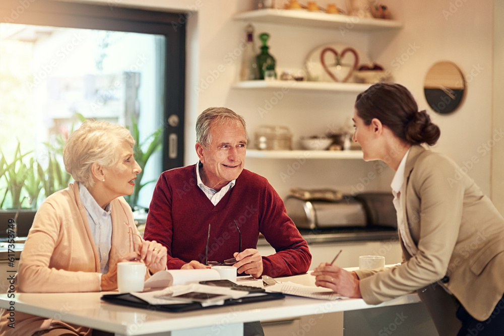 Senior couple, financial advisor and documents for bills, budget or retirement plan in expenses at home. Elderly man and woman in finance discussion with consultant or lawyer for paperwork or loan Senior couple, financial advisor and documents for bills, budget or retirement plan in expenses at home. Elderly man and woman in finance discussion with consultant or lawyer for paperwork or loan