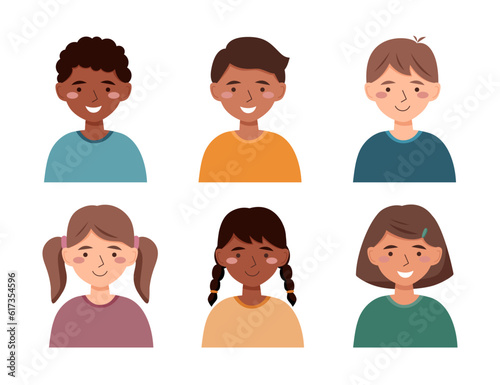 Boys and girls avatars in the flat style on white background. Portraits of children.