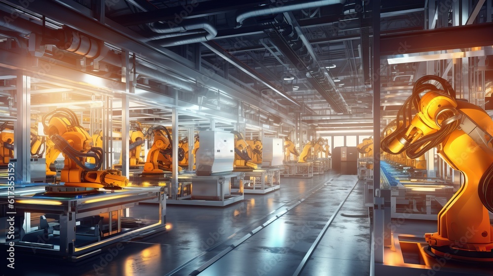 Industry. Smart factory interior showcases machines, efficient workstations, and automated production lines, optimizing the manufacturing process for improved performance. The concept of optimal work