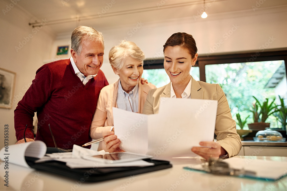 Senior couple, lawyer and documents for retirement finance, bills or investment at home. Happy elderly man and woman in finance discussion with consultant or financial advisor for paperwork or loan Senior couple, lawyer and documents for retirement finance, bills or investment at home. Happy elderly man and woman in finance discussion with consultant or financial advisor for paperwork or loan